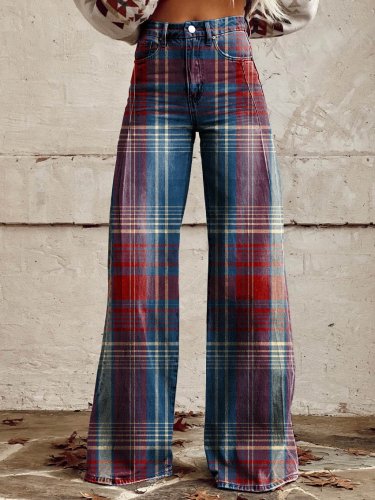 Women's Red and Blue Grid Print Casual Wide Leg Pants