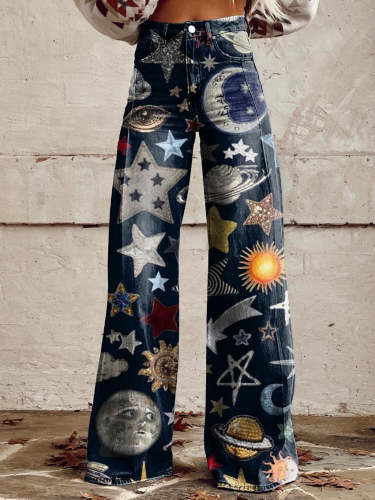 Women's Collage Stars Print Casual Wide Leg Pants