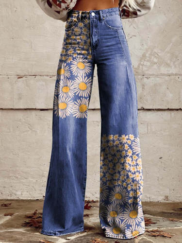 Women's Blue Daisy Print Casual Wide Leg Pants