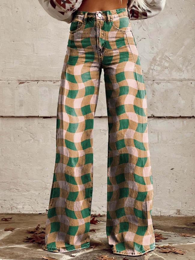 Women's Yellow and Green Twisted Stripes Print Casual Wide Leg Pants