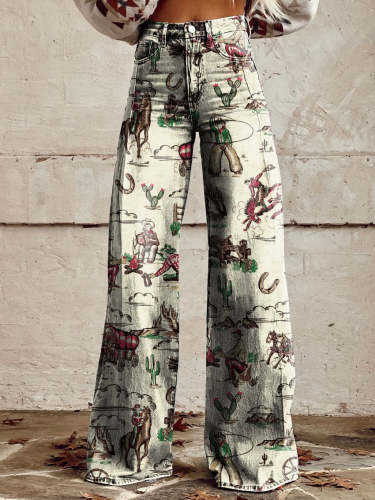 Women's Vintage Print Casual Wide Leg Pants