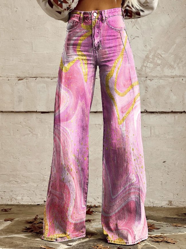 Women's Pink Texture Print Casual Wide Leg Pants