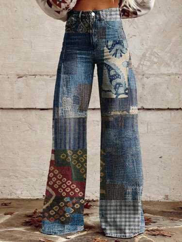Women's Blue Patchwork Pattern Print Casual Wide Leg Pants