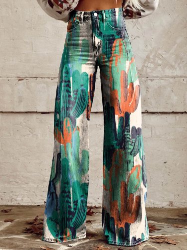 Women's Color Cactus Print Casual Wide Leg Pants