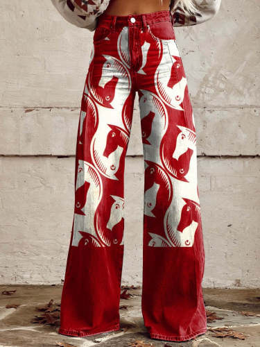 Women's Red Western Print Casual Wide Leg Pants