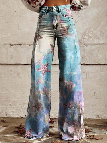 Colored Stars Print Women's Print Casual Wide Leg Pants