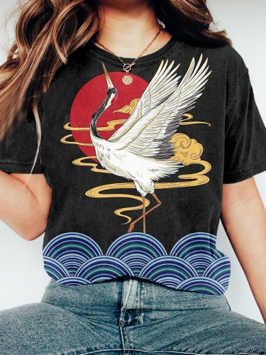 Japanese Cranes & Red Sun Art Vintage T Shirt