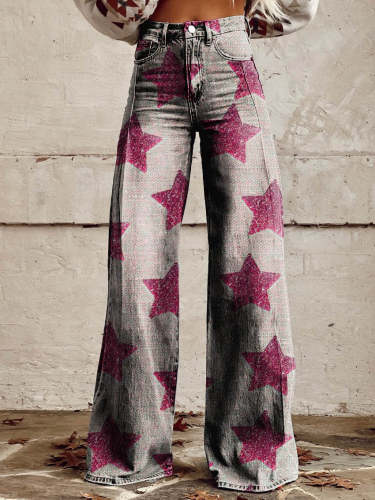 Women's White Pink Star Print Casual Wide Leg Pants