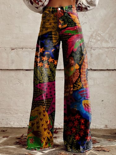 Women's Vintage Print Casual Wide Leg Pants