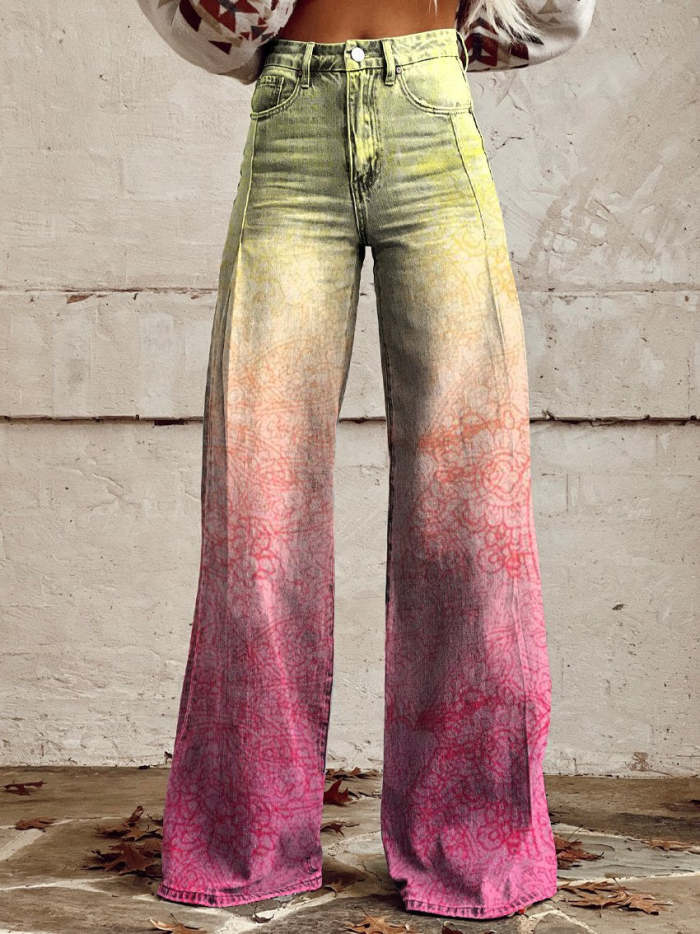 Women's Vintage Gradient Color Print Casual Wide Leg Pants