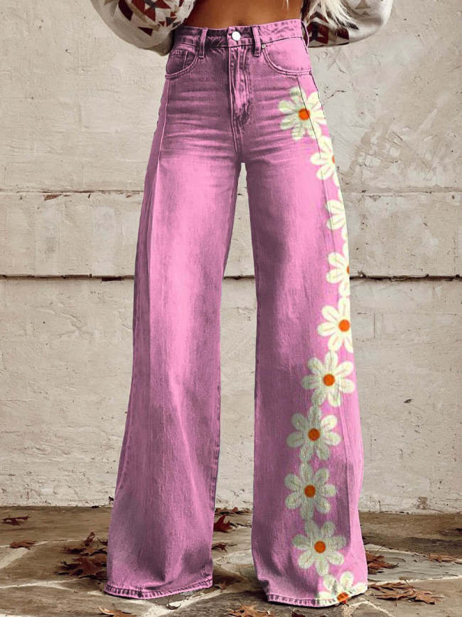 Women's Pink Flower Print Casual Wide Leg Pants