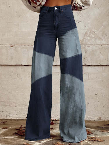 Women's Retro Denim Pattern Zipper Stitching Dark Blue Light Blue Mixed Color Print Casual Wide Leg Pants