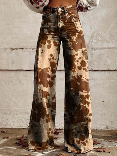 Women's Brown Cow Texture Print Casual Wide Leg Pants