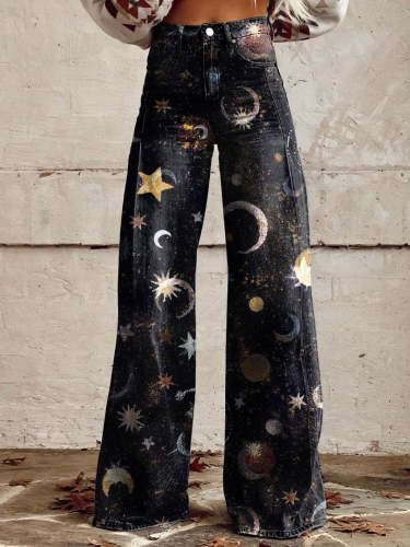 Women's Black Stars and Moon Print Casual Wide Leg Pants