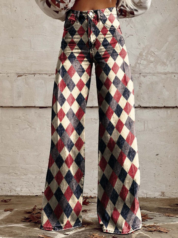 Women's Vintage Geometric Pattern Print Casual Wide Leg Pants