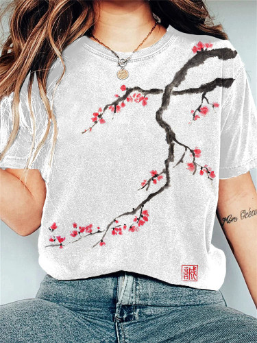 Japanese Art Ink Painting Flower Print Casual T-Shirt