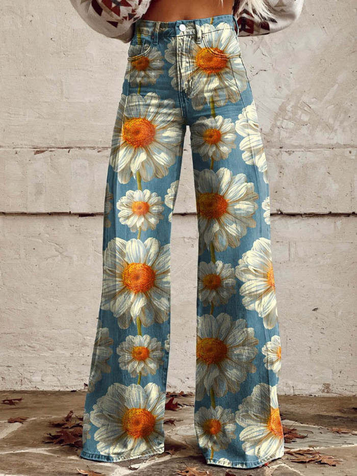Women's Daisy Flower Print Casual Wide Leg Pants