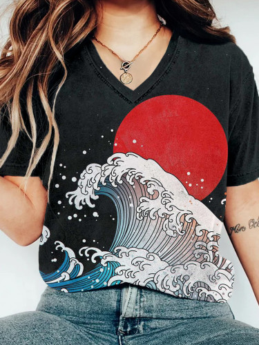Sea Waves and Red Sun Japanese Art V Neck T Shirt