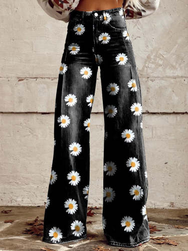 Women's  Vintage Daisy Print Casual Wide Leg Pants