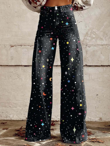 Women's Black Color Stars and Moon Print Casual Wide Leg Pants