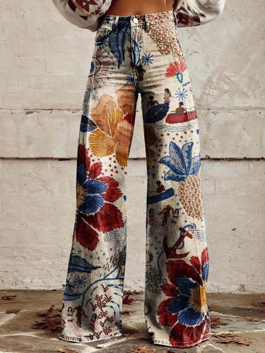 Women's Vintage Print Casual Wide Leg Pants