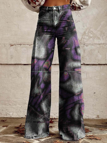 Women's Purple White Noise Print Casual Wide Leg Pants