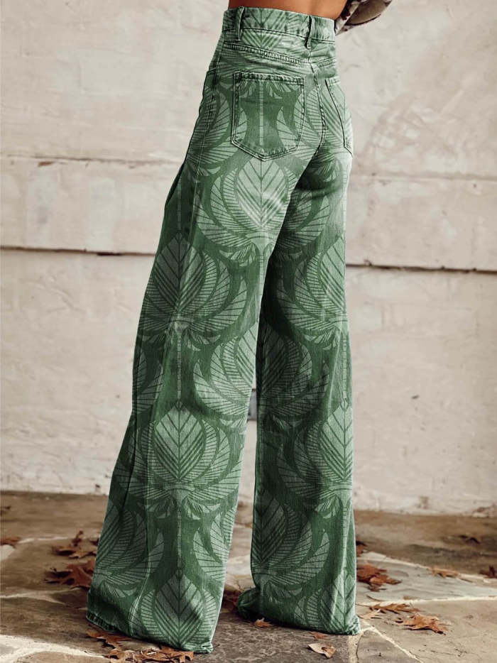 Women's Green Print Casual Wide Leg Pants