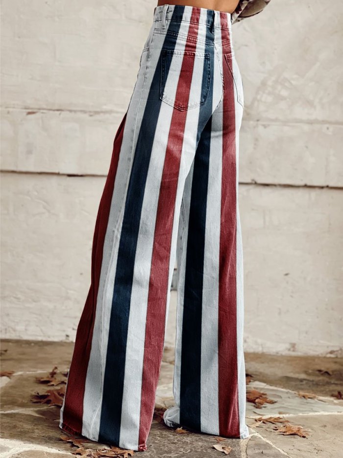 Women's Vintage Stripes Print Casual Wide Leg Pants
