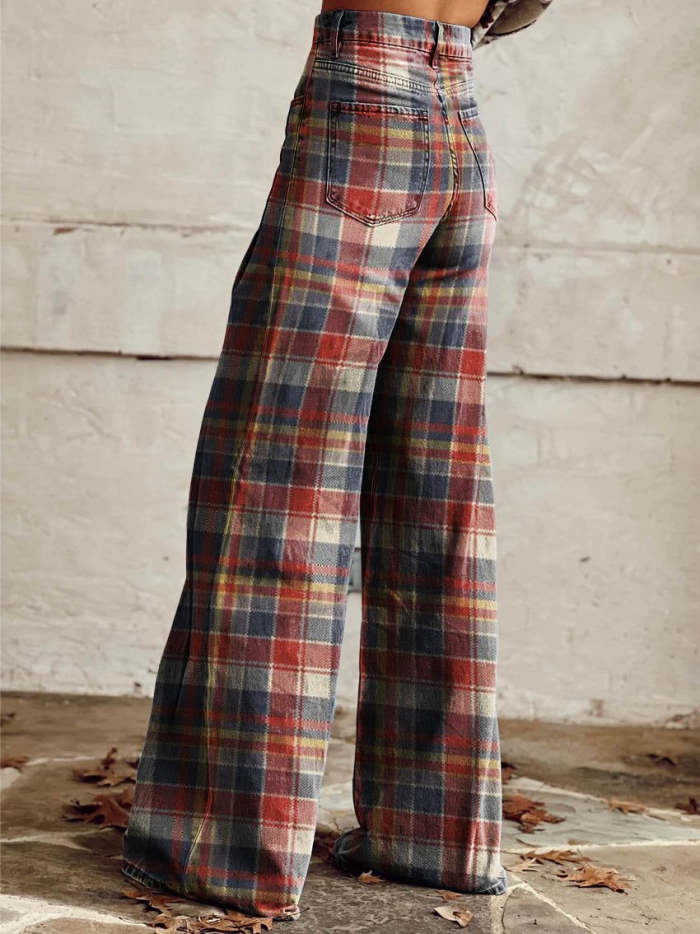 Women's Red and Blue Plaid Print Casual Wide Leg Pants