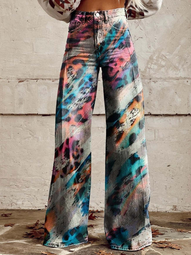 Colorful Leopard Print Women's Print Casual Wide Leg Pants