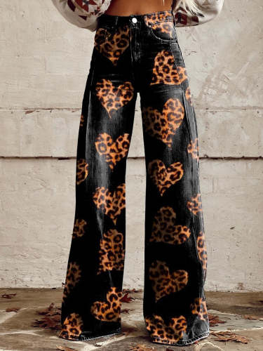 Leopard Hearts Print Women's Print Casual Wide Leg Pants