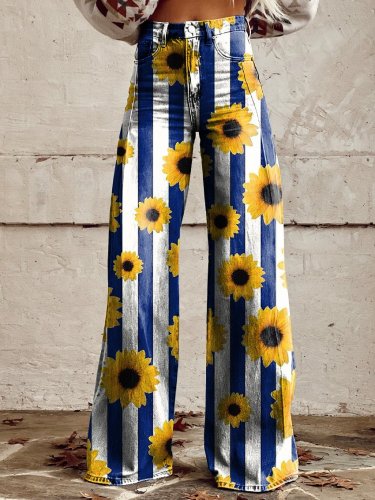 Sunflower Stripes Print Women's Print Casual Wide Leg Pants