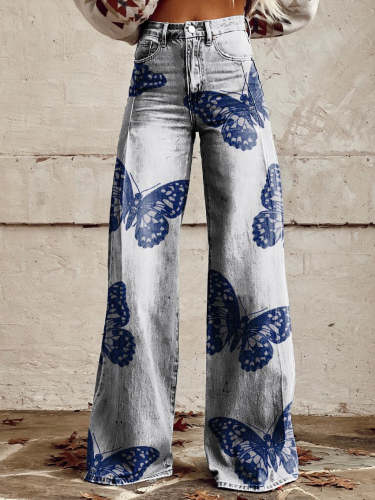 Blue Butterfly Women's Print Casual Wide Leg Pants