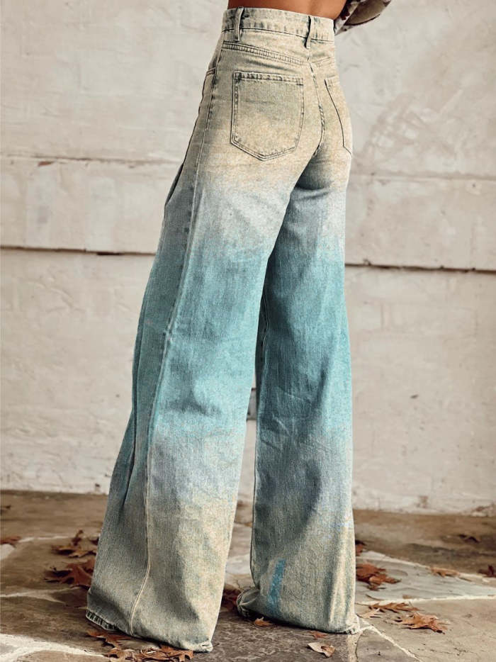 Women's Blue and Yellow Gradient Print Casual Wide Leg Pants