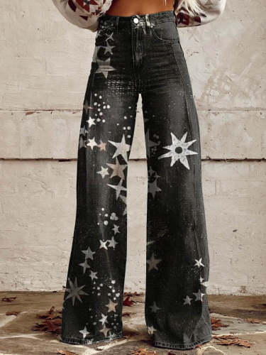 Women's Black Star Print Casual Wide Leg Pants