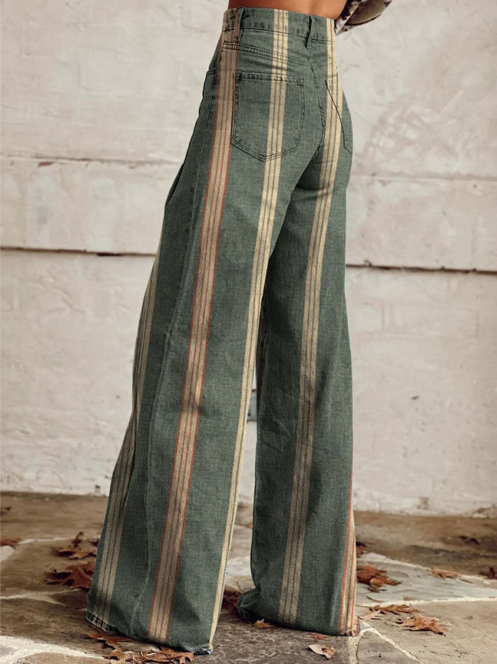 Women's Green Stripe Print Casual Wide Leg Pants