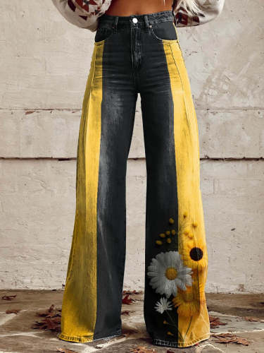 Women's Yellow and Black Flowers Print Casual Wide Leg Pants