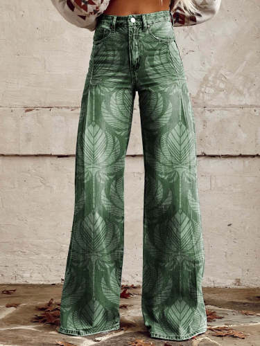 Women's Green Print Casual Wide Leg Pants
