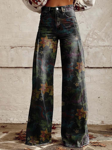 Dragons and Flowers Women's Print Casual Wide Leg Pants