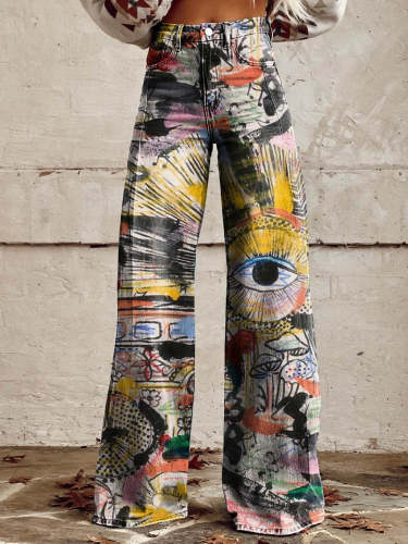 Women's Color Doodle Casual Wide Leg Pants