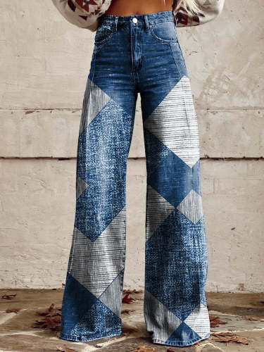 Women's Blue Print Casual Wide Leg Pants