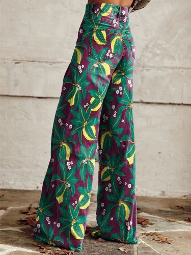 Women's Vintage Stamen Print Casual Wide Leg Pants