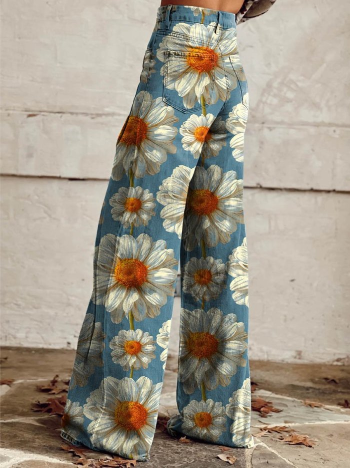 Women's Daisy Flower Print Casual Wide Leg Pants