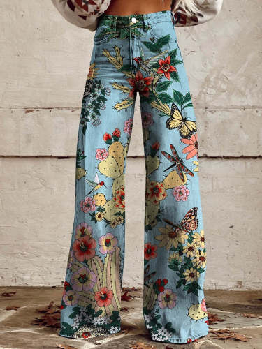 Women's Hacienda Cactus Print Casual Wide Leg Pants