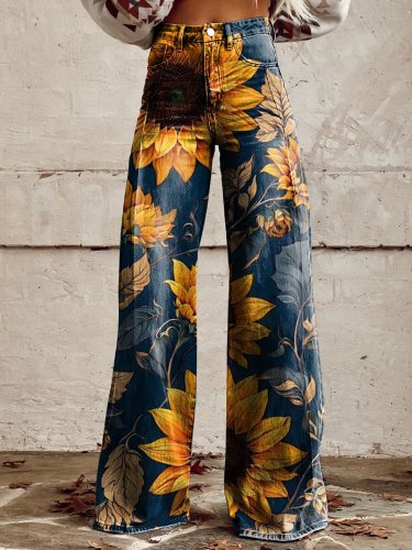 Sunflower Print Women's Print Casual Wide Leg Pants