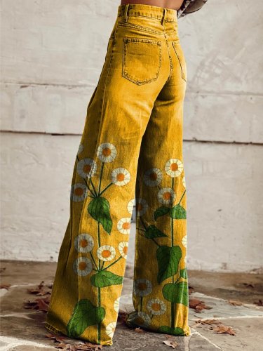Women's Yellow Flower Print Casual Wide Leg Pants