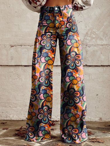 Women's Vintage Flower Print Casual Wide Leg Pants