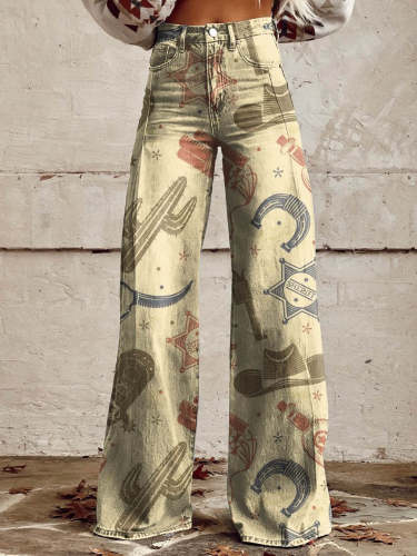 Women's Cowboy Theme Print Casual Wide Leg Pants