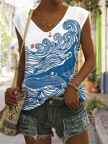 Whale & Waves Japanese Lino Art V Neck Tank Top