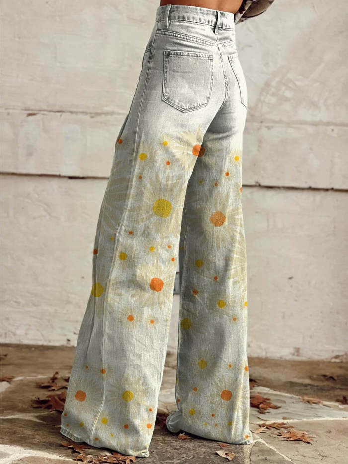 Women's White Daisy Print Casual Wide Leg Pants